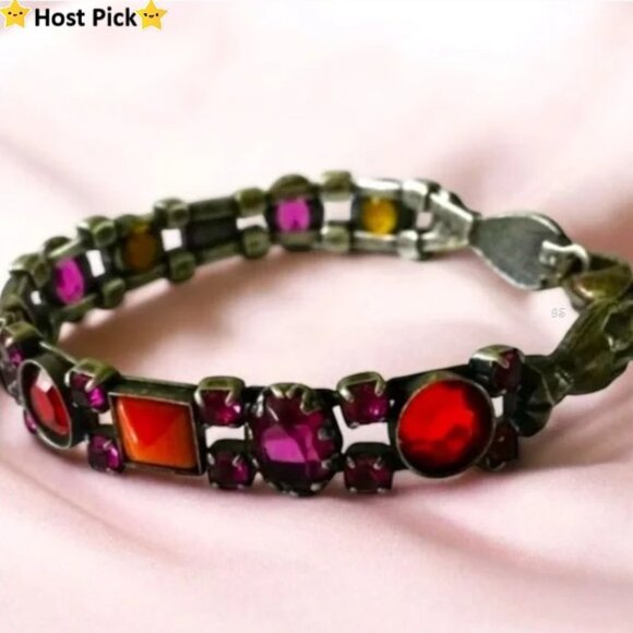 Vintage Jewelry - VINTAGE Tibetan Gunmetal Bracelet – Multicolored Rhinestones & Rare Hand-Clasps